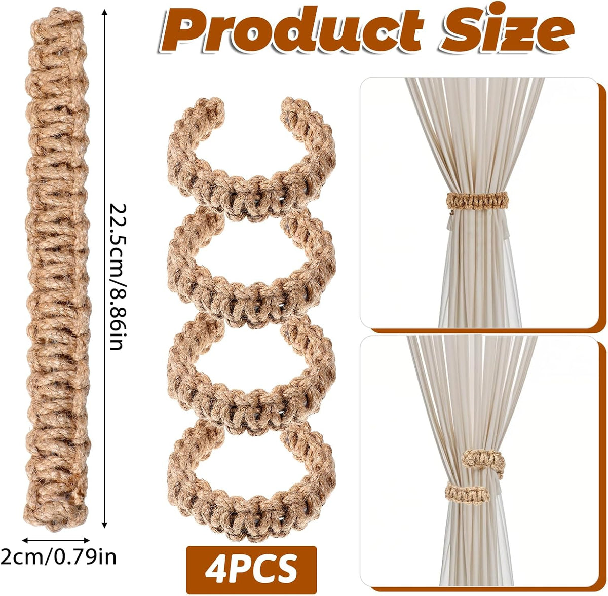 4 Pack Braided Curtain Tiebacks Boho Elegant Rustic Curtain Holdbacks Tie Backs Holders Set Simple Light Weight Drapes Decorative Accessories Handmade for Home Office Bedroom Window (4, Linen)
