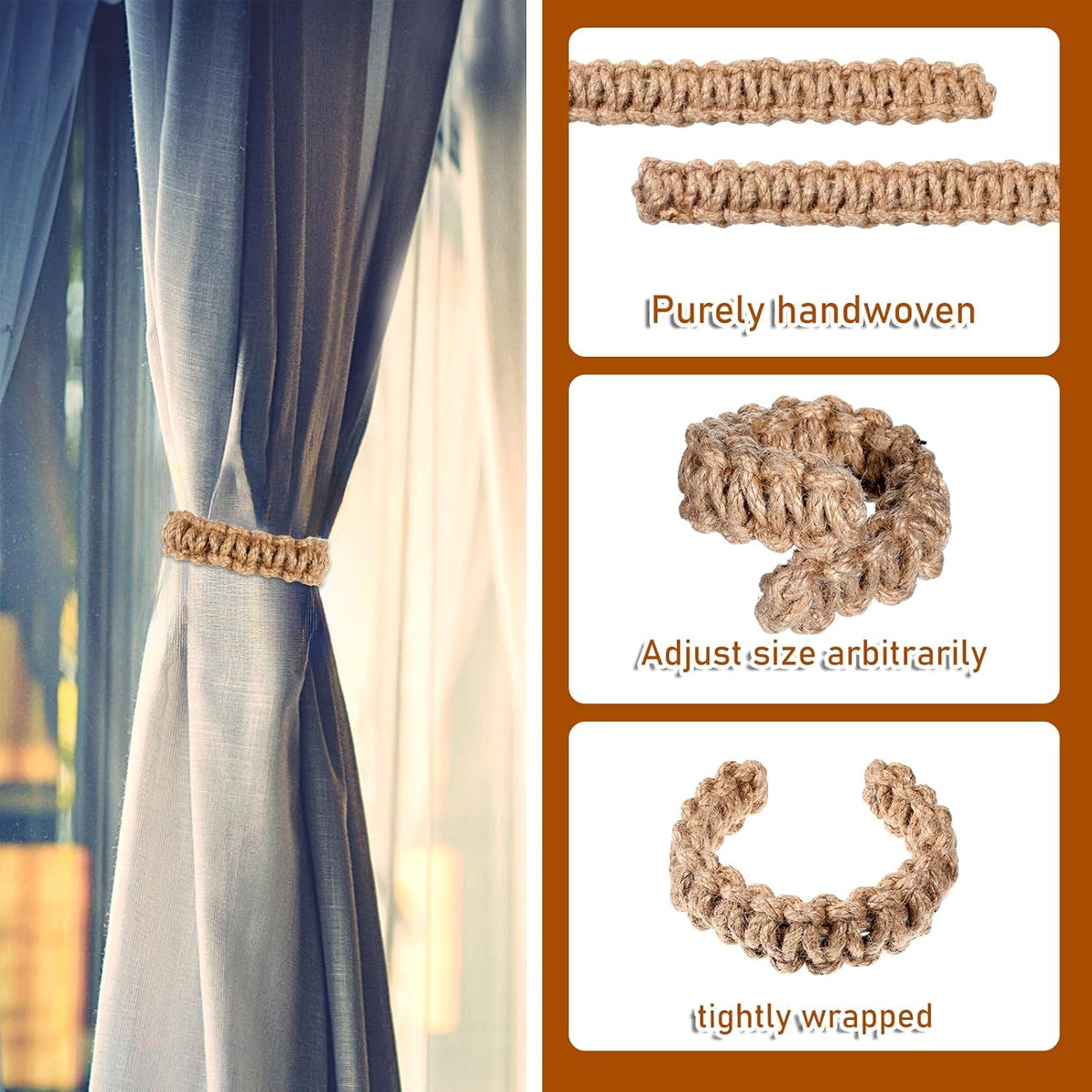 4 Pack Braided Curtain Tiebacks Boho Elegant Rustic Curtain Holdbacks Tie Backs Holders Set Simple Light Weight Drapes Decorative Accessories Handmade for Home Office Bedroom Window (4, Linen)