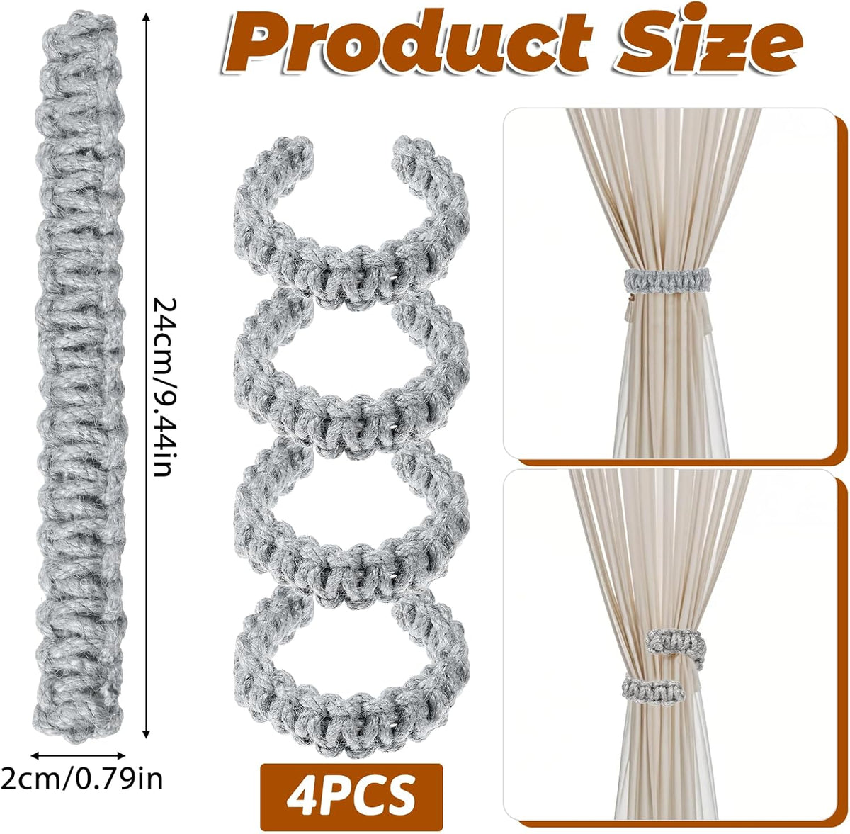 4 Pack Braided Curtain Tiebacks Boho Elegant Rustic Curtain Holdbacks Tie Backs Holders Set Simple Light Weight Drapes Decorative Accessories Handmade for Home Office Bedroom Window (4, Grey)