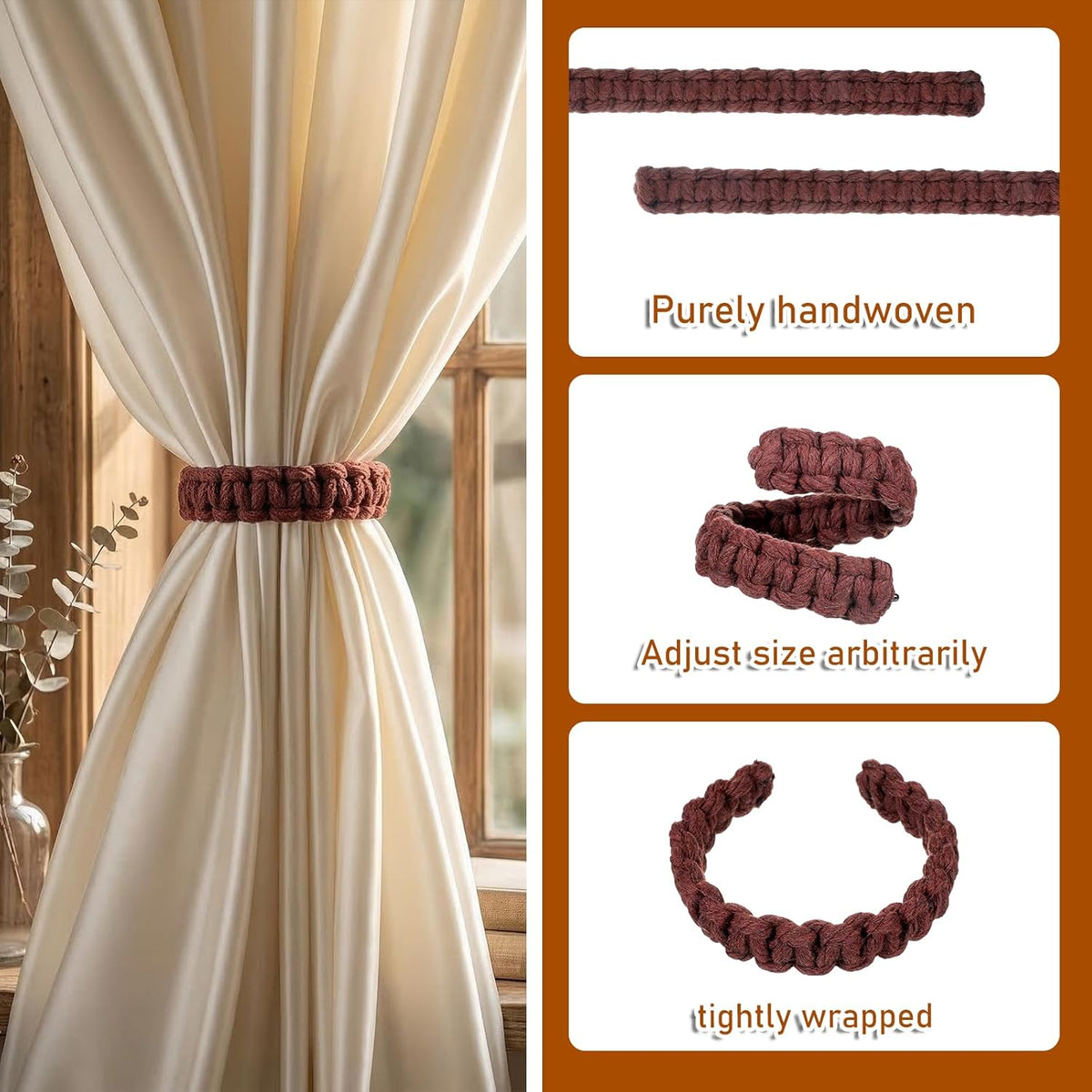 4 Pack Braided Curtain Tiebacks Boho Elegant Rustic Curtain Holdbacks Tie Backs Holders Set Simple Light Weight Drapes Decorative Accessories Handmade for Home Office Bedroom Window