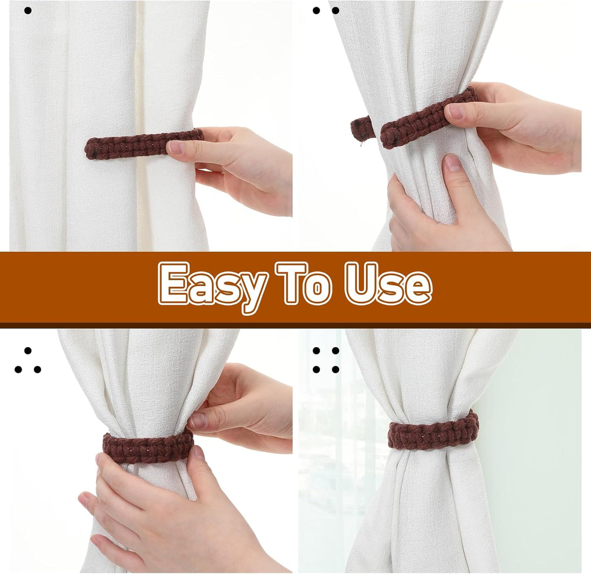 4 Pack Braided Curtain Tiebacks Boho Elegant Rustic Curtain Holdbacks Tie Backs Holders Set Simple Light Weight Drapes Decorative Accessories Handmade for Home Office Bedroom Window