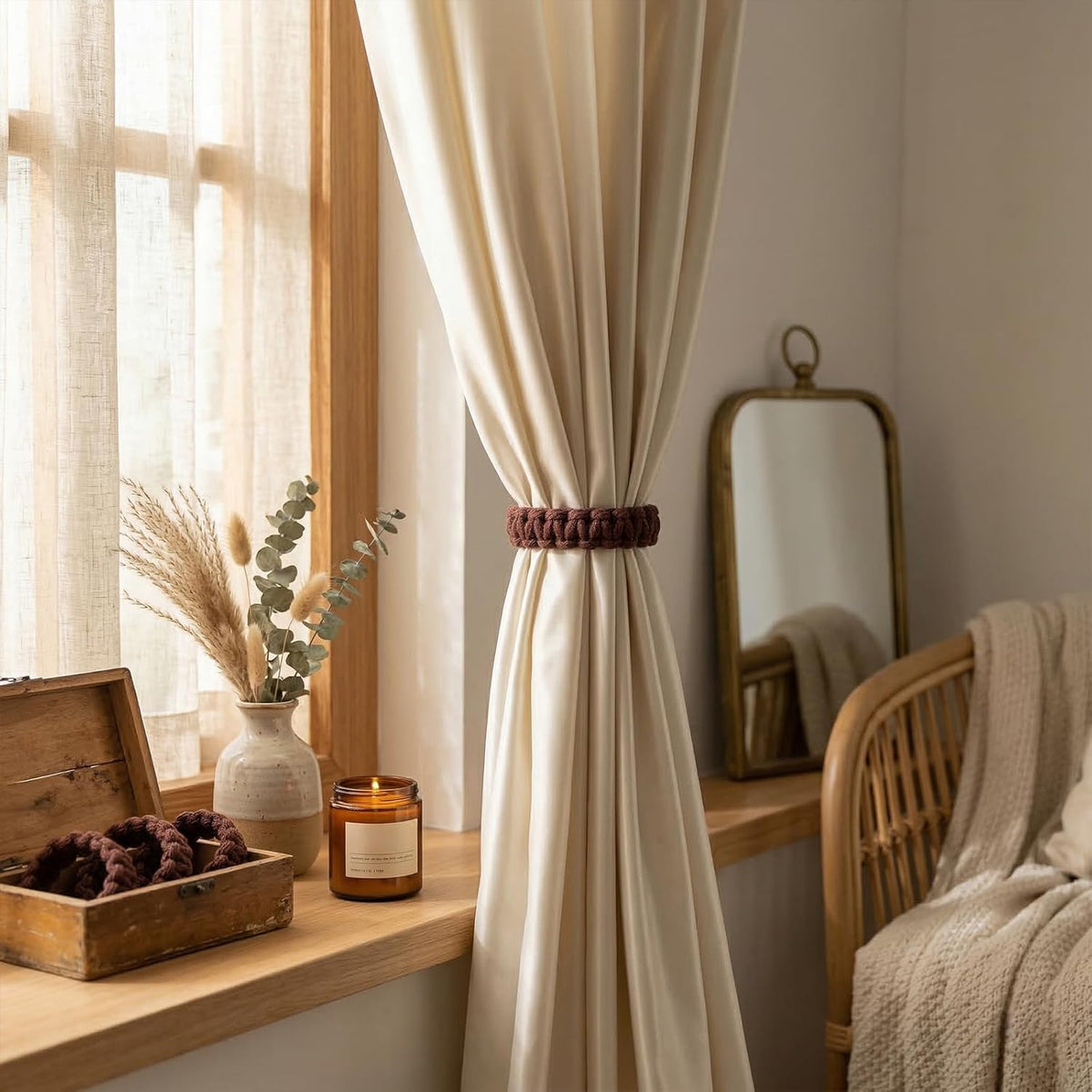 4 Pack Braided Curtain Tiebacks Boho Elegant Rustic Curtain Holdbacks Tie Backs Holders Set Simple Light Weight Drapes Decorative Accessories Handmade for Home Office Bedroom Window