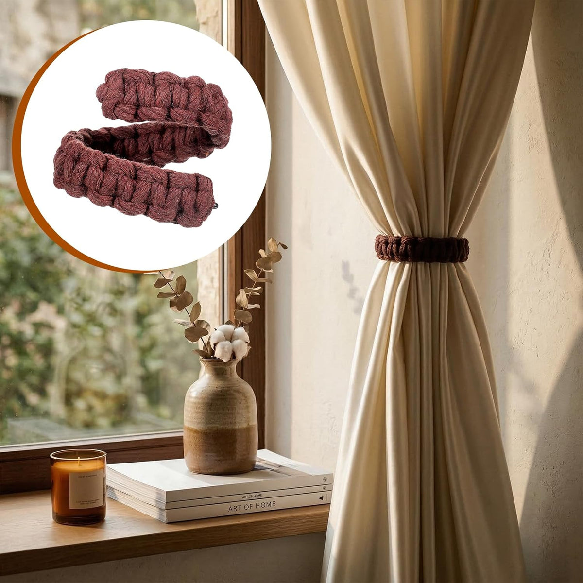 4 Pack Braided Curtain Tiebacks Boho Elegant Rustic Curtain Holdbacks Tie Backs Holders Set Simple Light Weight Drapes Decorative Accessories Handmade for Home Office Bedroom Window