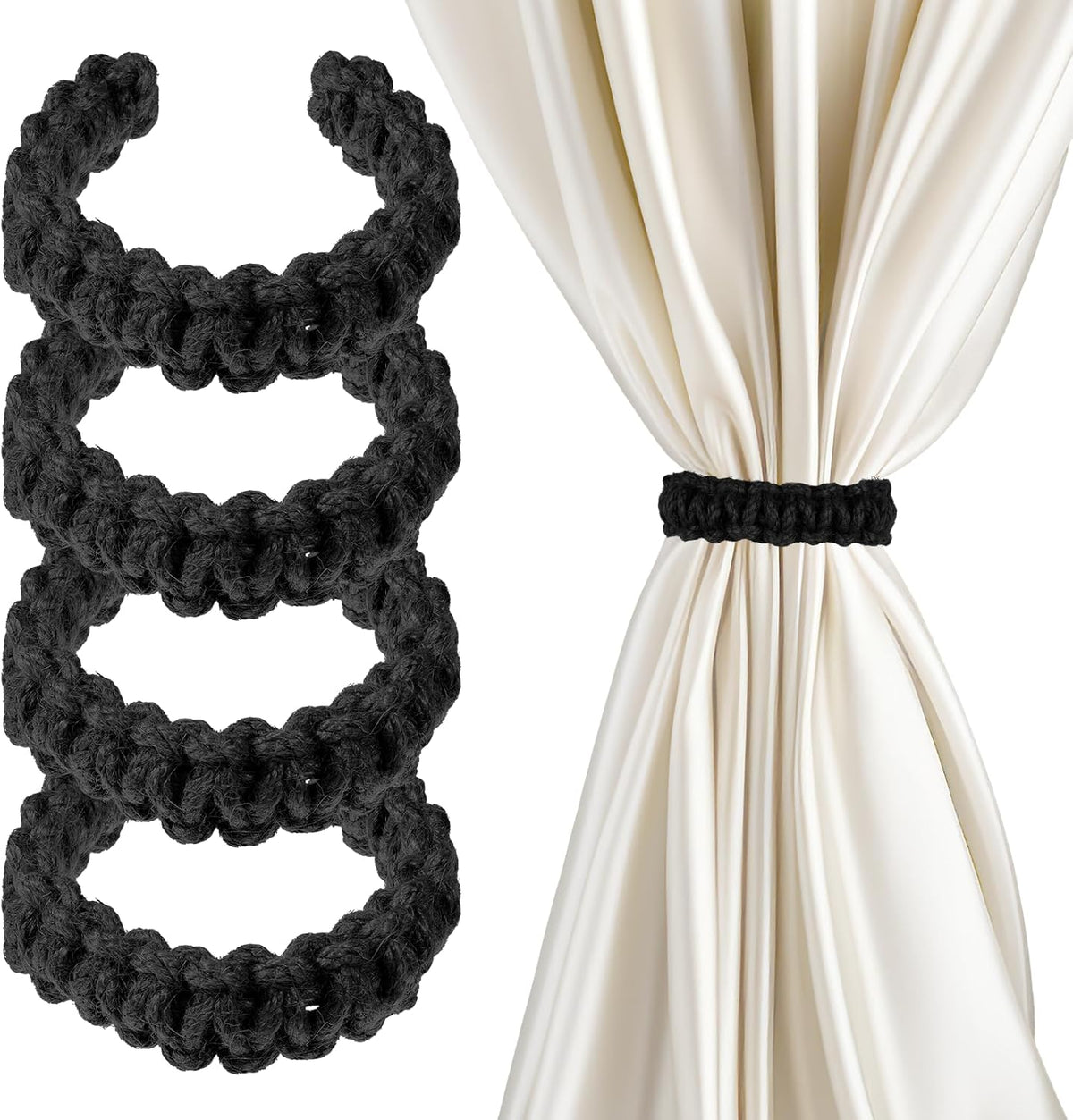 4 Pack Braided Curtain Tiebacks Boho Elegant Rustic Curtain Holdbacks Tie Backs Holders Set Simple Light Weight Drapes Decorative Accessories Handmade for Home Office Bedroom Window (4, Black)