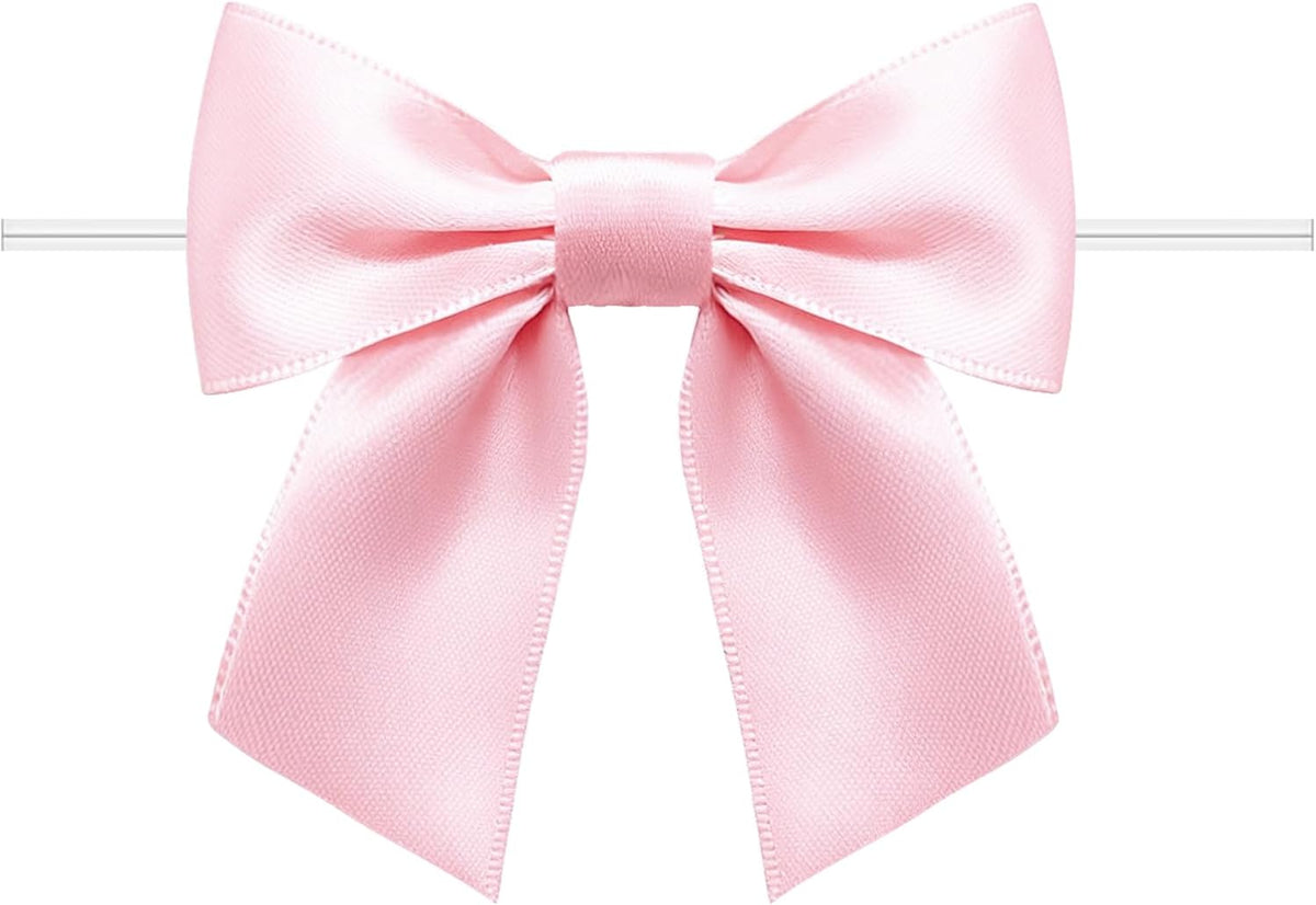 60 Pack Twist Tie Bows 3.3‘’ Craft Bows Satin Ribbon Bow for Gift Wrapping, Treat Bags, Party Favors & Craft Decoration Light Pink