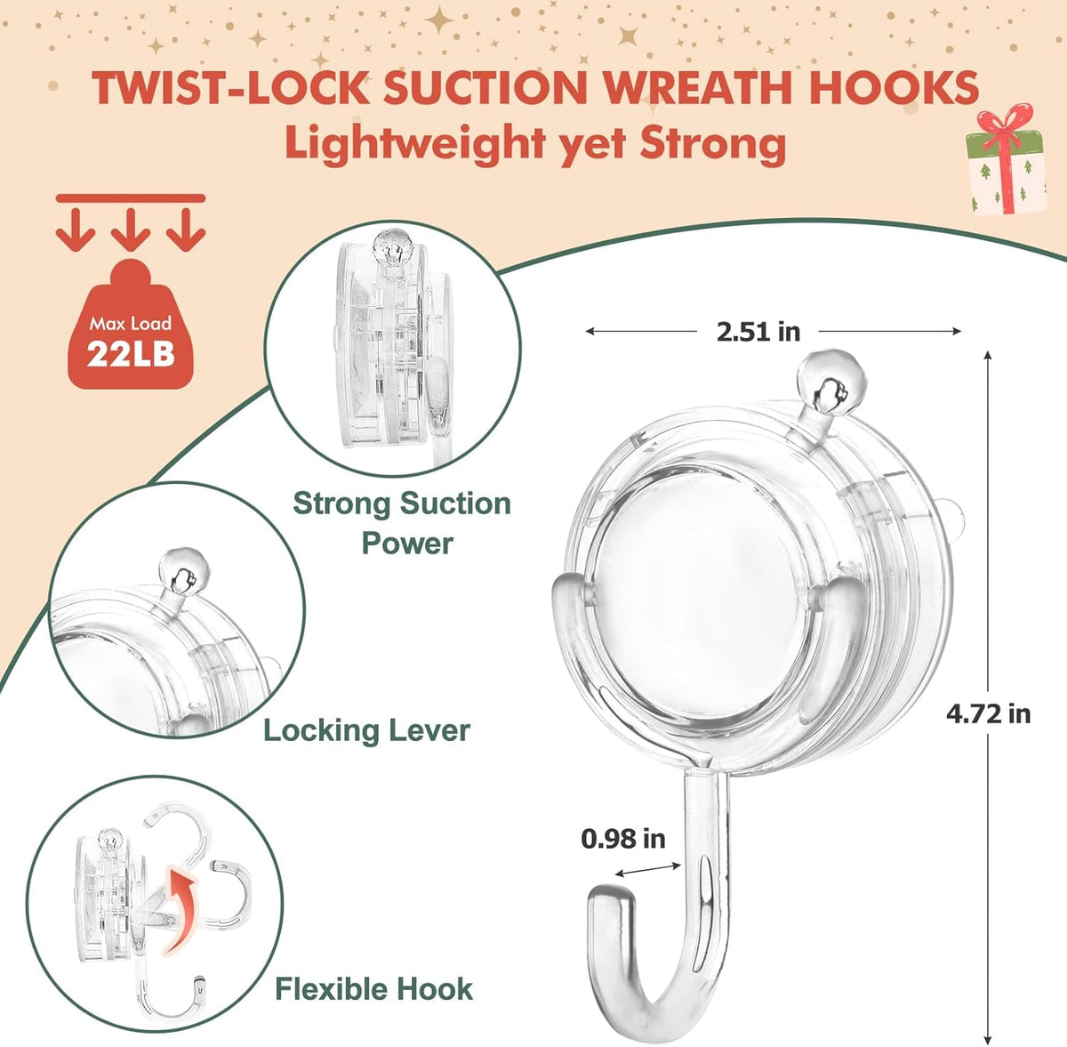 Wreath Hanger, Large Twist Lock Suction Cup Wreath Hooks, Heavy Duty, 22 LB Capacity, Removable and Reusable, Round, Clear, 2 Pcs