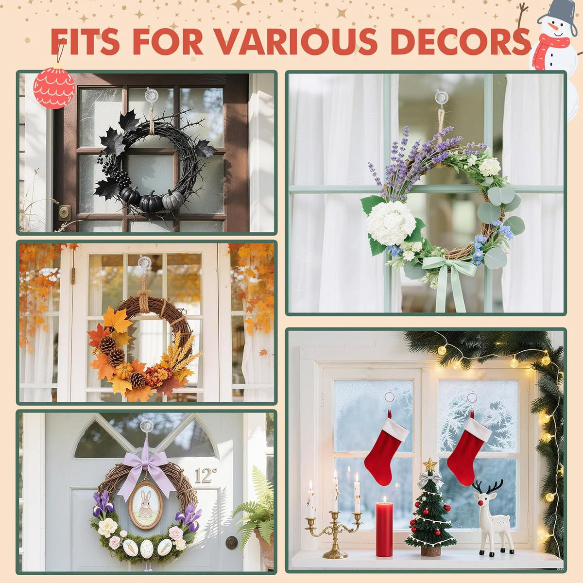 Wreath Hanger, Large Twist Lock Suction Cup Wreath Hooks, Heavy Duty, 22 LB Capacity, Removable and Reusable, Round, Clear, 2 Pcs