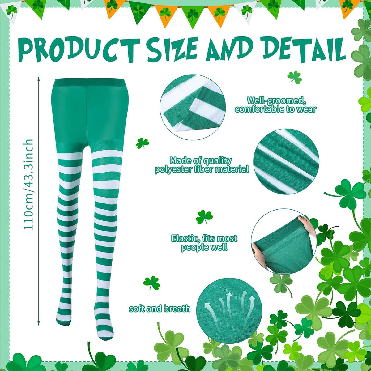 2 Pairs Women's St Patricks Striped Tights Leggings Length Stocking for St Patricks Party Dress up Accessories