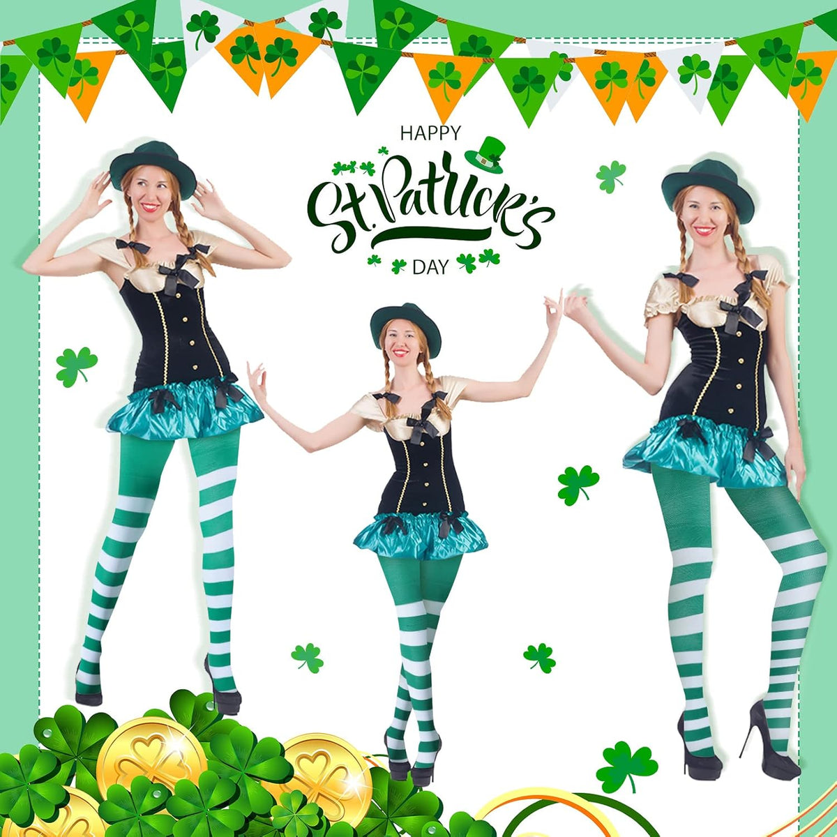 2 Pairs Women's St Patricks Striped Tights Leggings Length Stocking for St Patricks Party Dress up Accessories