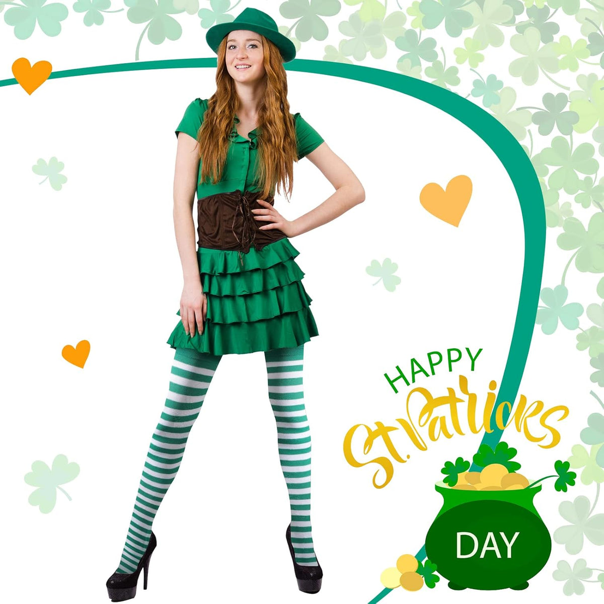 2 Pairs Women's St Patricks Striped Tights Leggings Length Stocking for St Patricks Party Dress up Accessories
