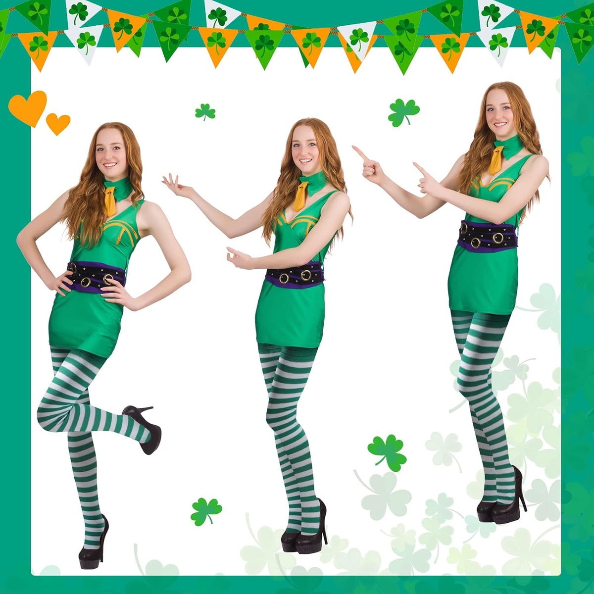 2 Pairs Women's St Patricks Striped Tights Leggings Length Stocking for St Patricks Party Dress up Accessories