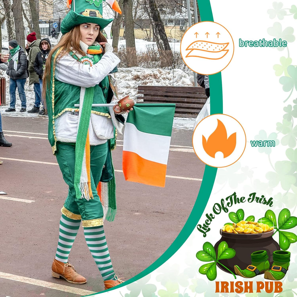 2 Pairs Women's St Patricks Striped Tights Leggings Length Stocking for St Patricks Party Dress up Accessories