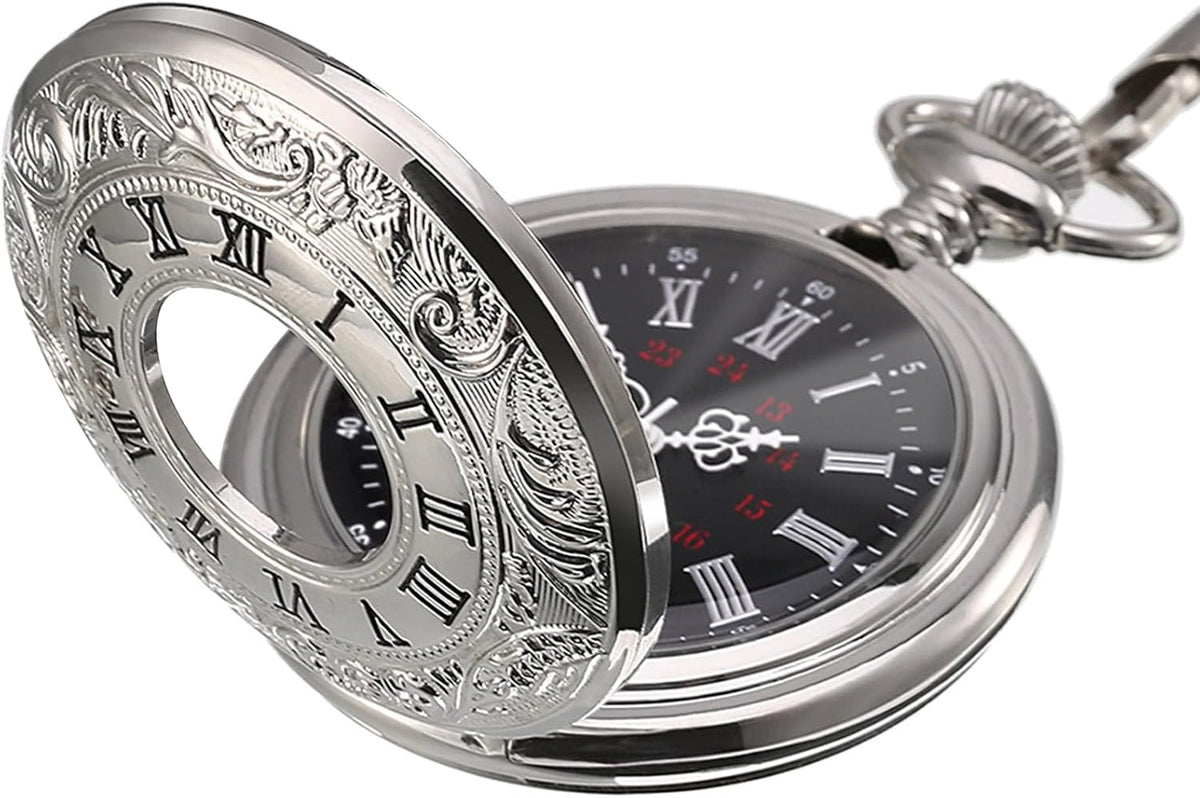 Vintage Pocket Watch Steel Men Watch with Chain (Silver)