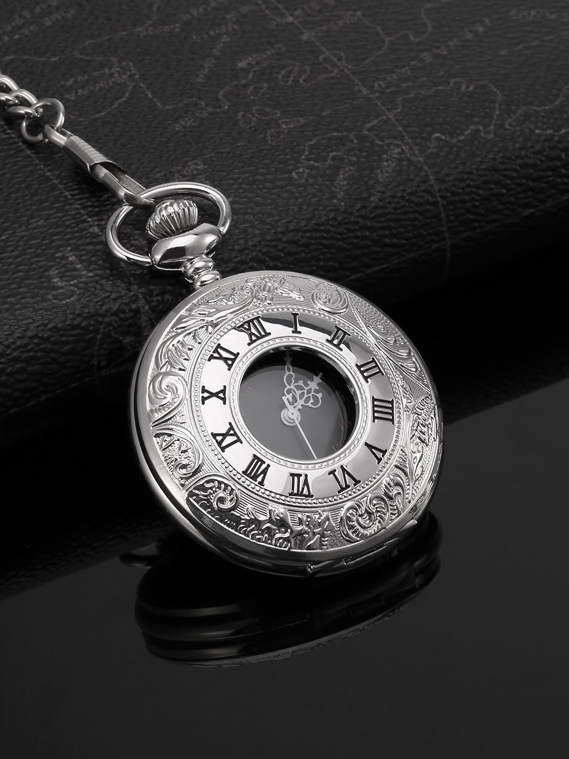 Vintage Pocket Watch Steel Men Watch with Chain (Silver)