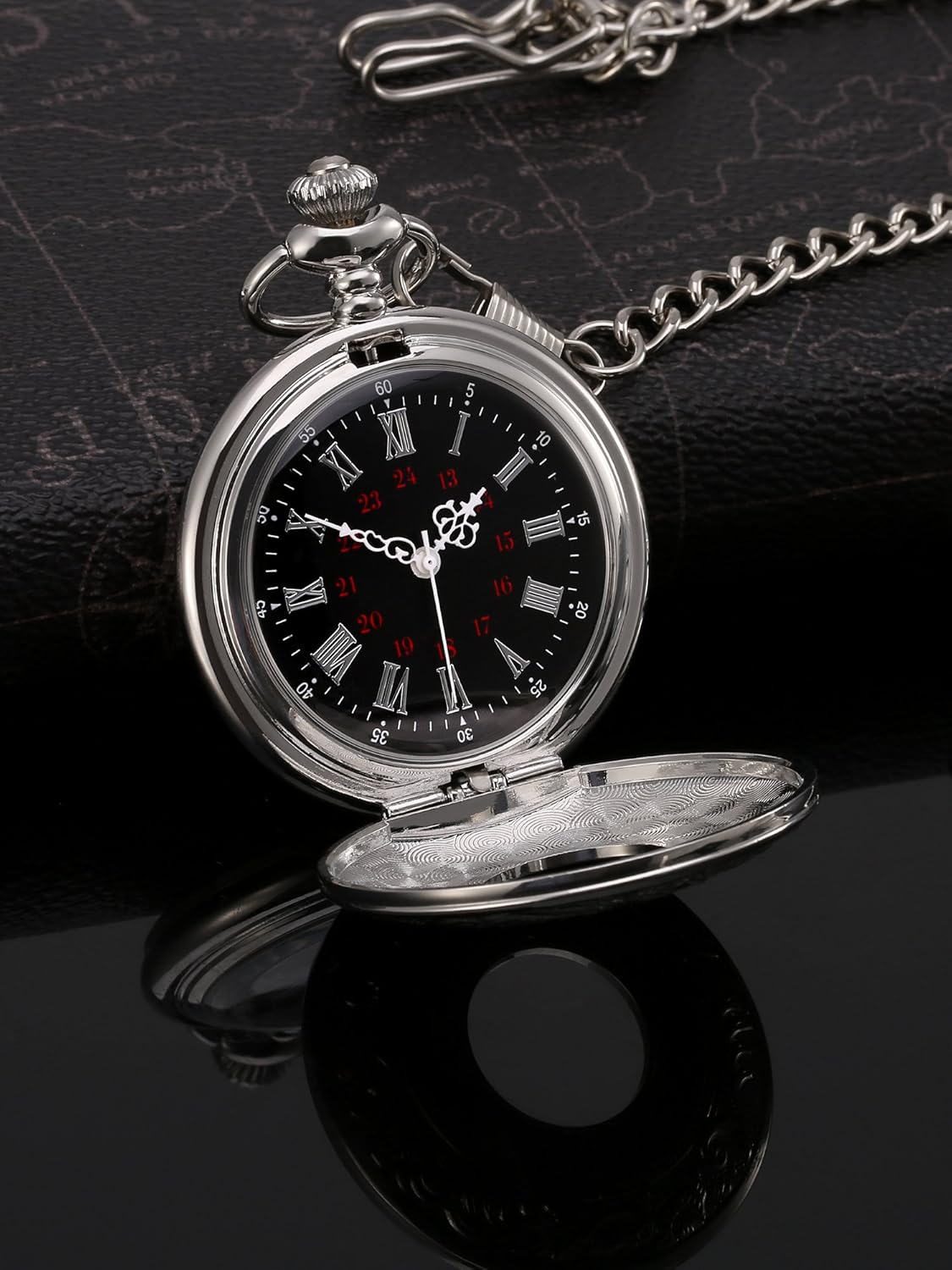 Vintage Pocket Watch Steel Men Watch with Chain (Silver)