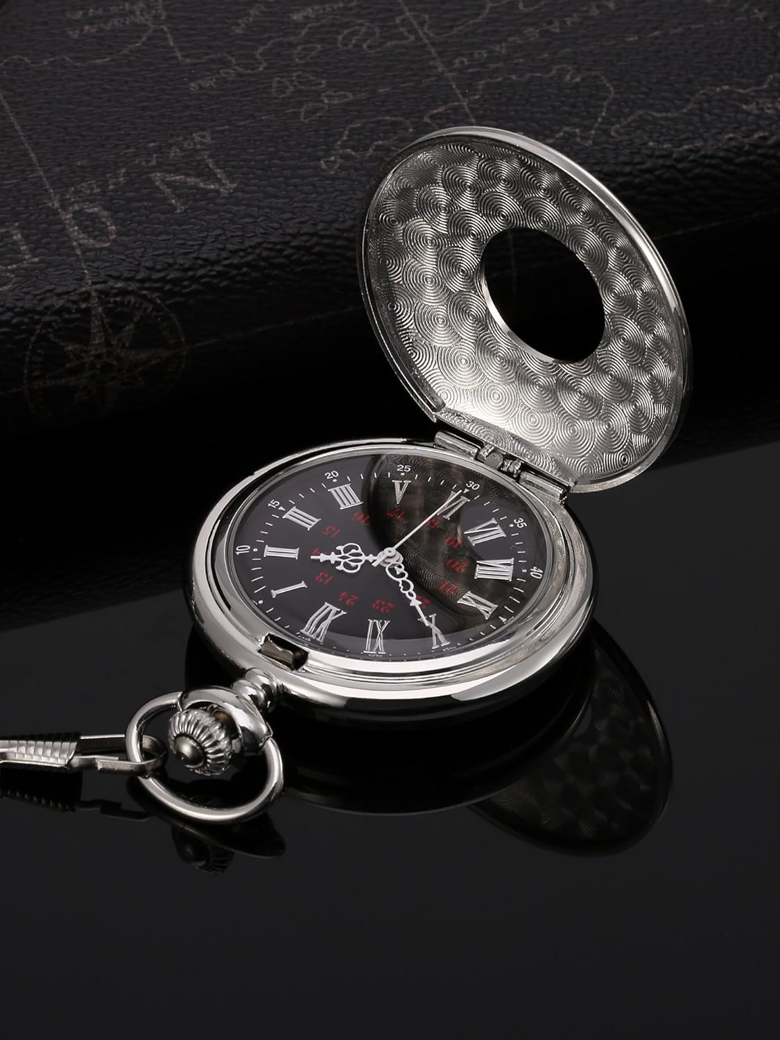 Vintage Pocket Watch Steel Men Watch with Chain (Silver)