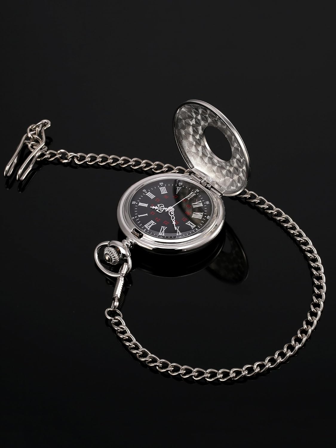 Vintage Pocket Watch Steel Men Watch with Chain (Silver)