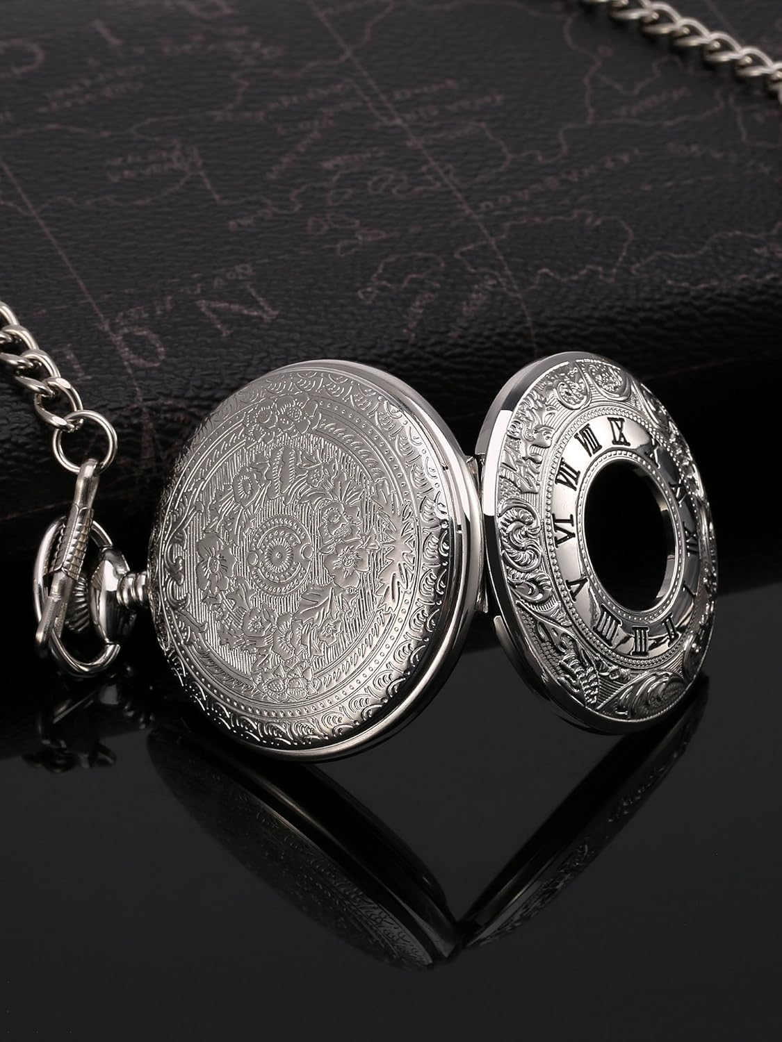 Vintage Pocket Watch Steel Men Watch with Chain (Silver)