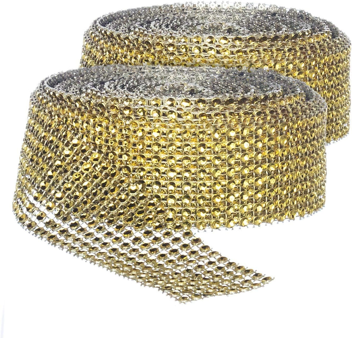 Rhinestone Diamond Bling Wrap Ribbon for Wedding Cake, Party, Holiday & Home Decoration, Gold 8-Rows, (2 Rolls) 10 YDS EA.