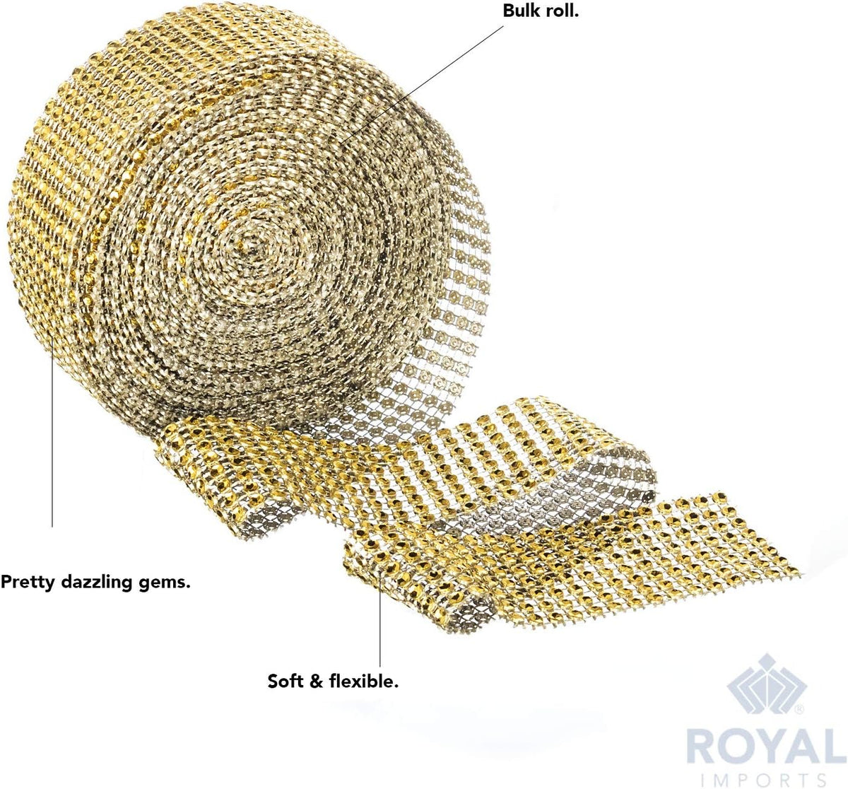 Rhinestone Diamond Bling Wrap Ribbon for Wedding Cake, Party, Holiday & Home Decoration, Gold 8-Rows, (2 Rolls) 10 YDS EA.