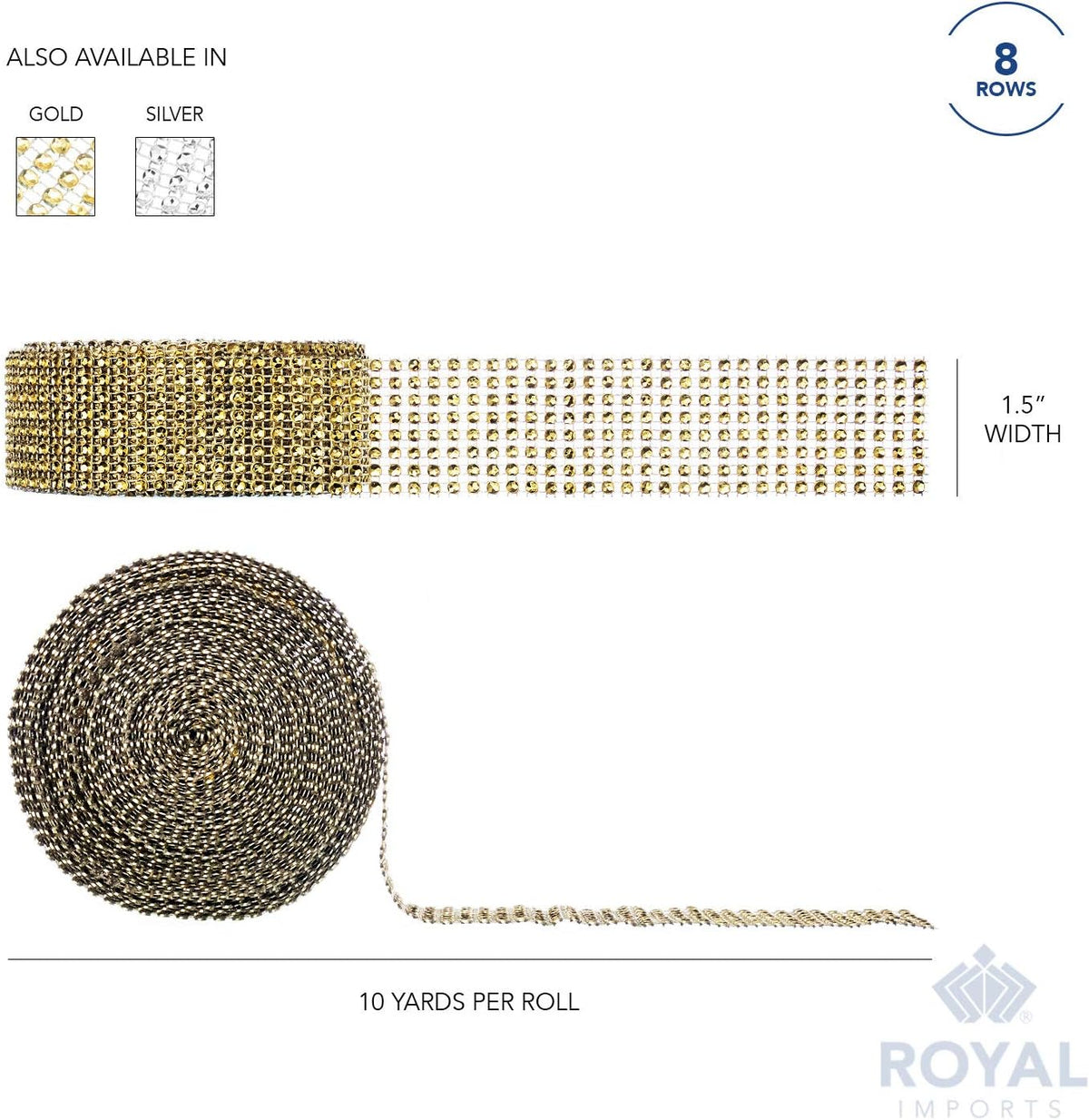 Rhinestone Diamond Bling Wrap Ribbon for Wedding Cake, Party, Holiday & Home Decoration, Gold 8-Rows, (2 Rolls) 10 YDS EA.