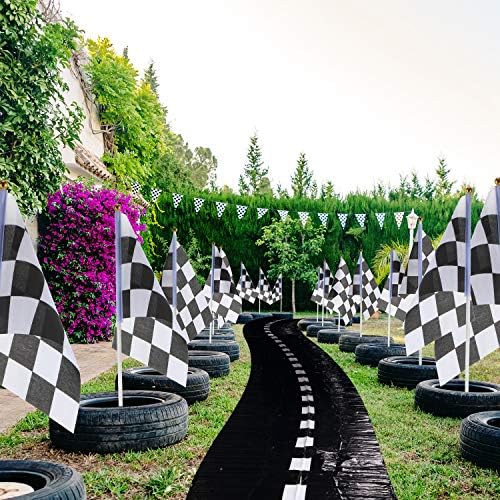 Race Car Party Decorations Racetrack Floor Runner 13 ft Road Track with 12 Checkered Racing Flags Birthday Party Supplies Racing Theme Entrance Decoration