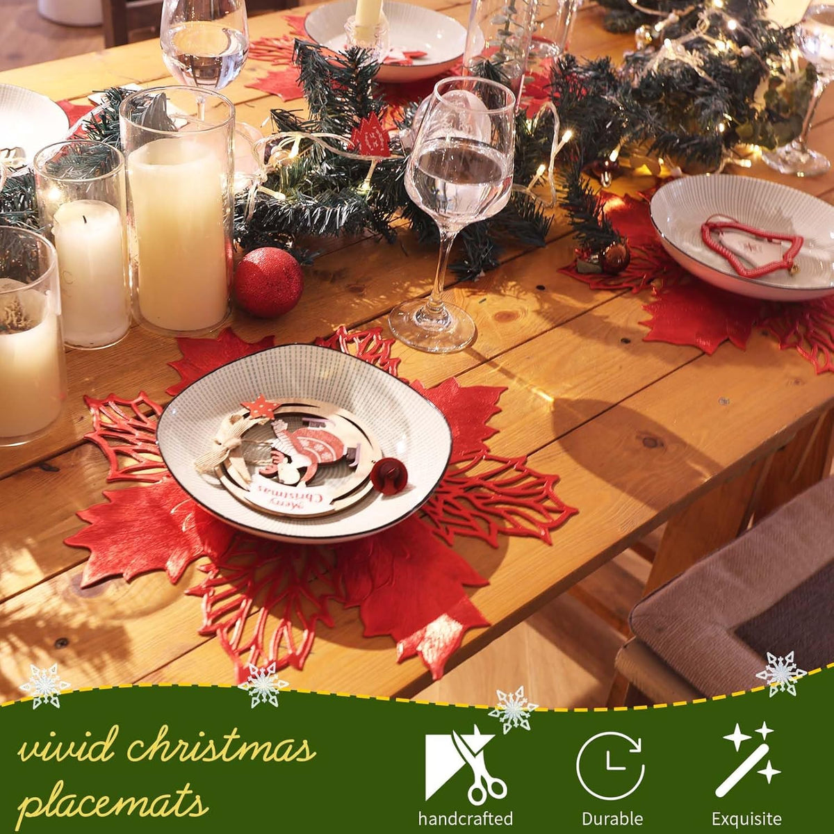 Round Vinyl Metallic Placemats Set of 6 Heat-Resistant Decorative Non-Slip 15 inches Table Mats Place Mats (red Flower)