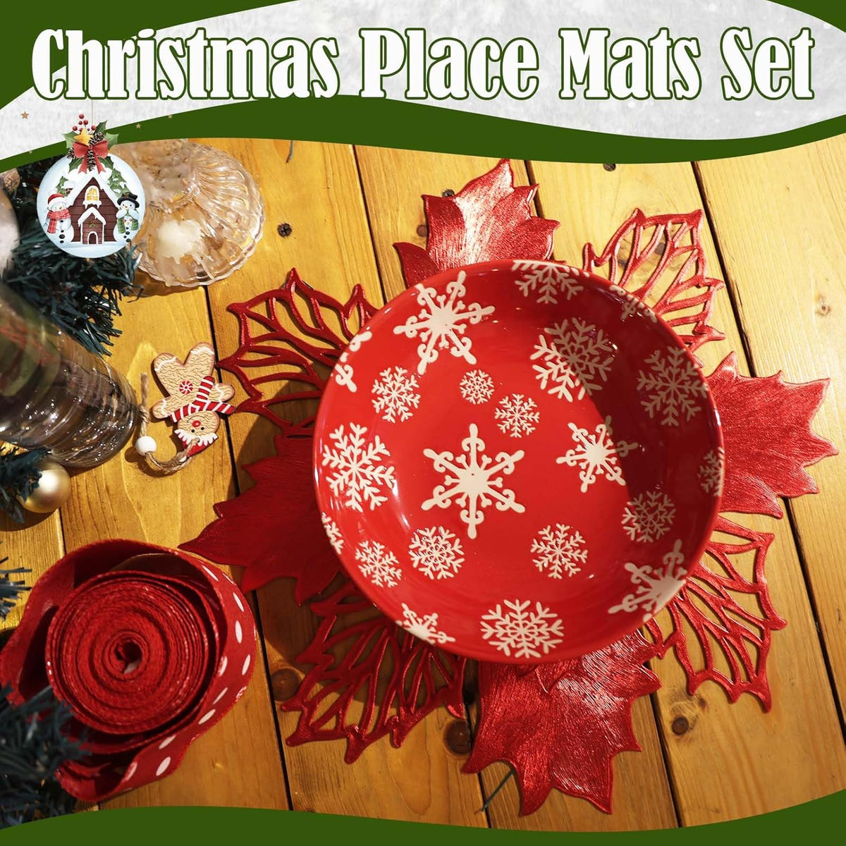Round Vinyl Metallic Placemats Set of 6 Heat-Resistant Decorative Non-Slip 15 inches Table Mats Place Mats (red Flower)