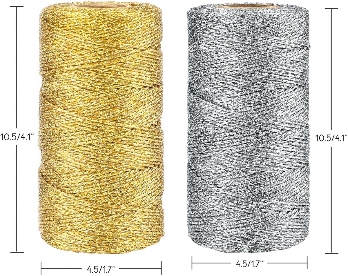 Gold Silver Twine String - 656Ft 1.5MM Christmas Twine String Metallic Gold and Silver Glitter Bakers Twines Strings for Crafts Ornament Gift Wrapping Christmas Holiday Home Decoration