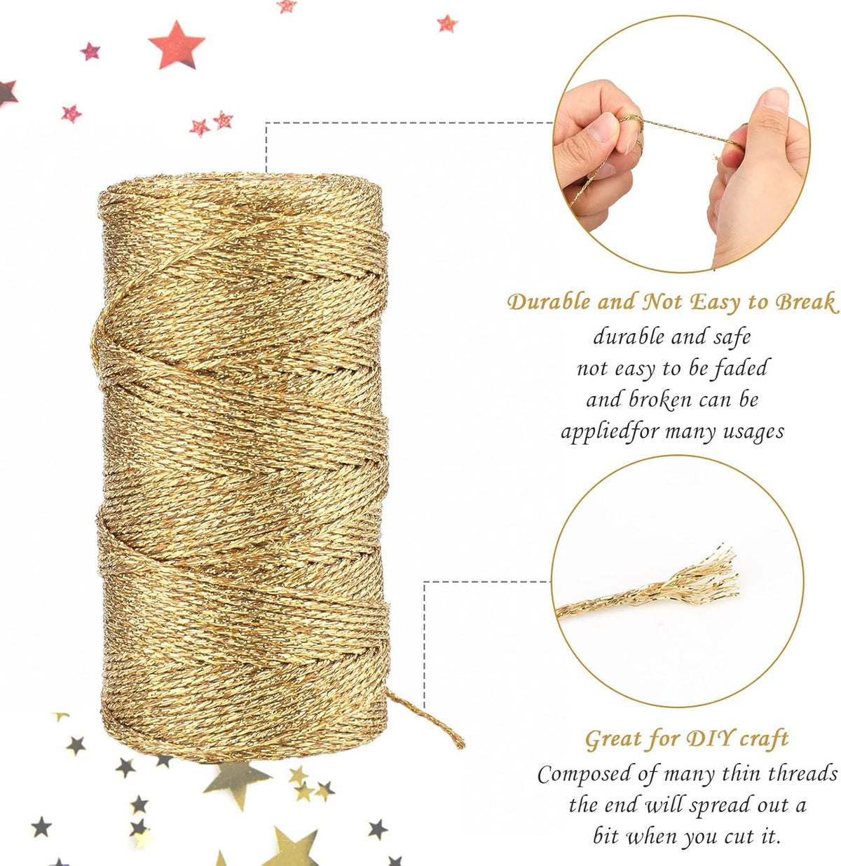 Gold Silver Twine String - 656Ft 1.5MM Christmas Twine String Metallic Gold and Silver Glitter Bakers Twines Strings for Crafts Ornament Gift Wrapping Christmas Holiday Home Decoration