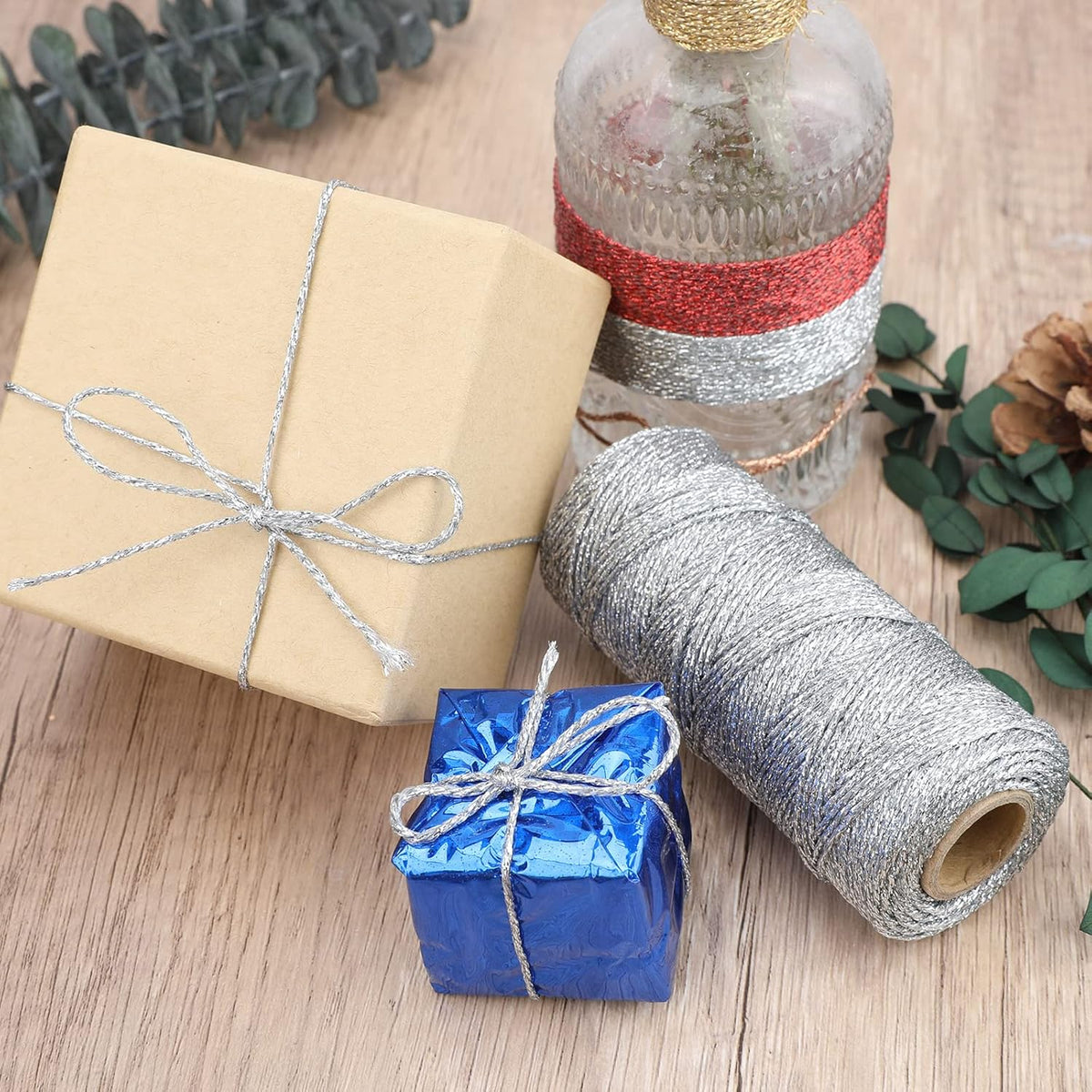 Gold Silver Twine String - 656Ft 1.5MM Christmas Twine String Metallic Gold and Silver Glitter Bakers Twines Strings for Crafts Ornament Gift Wrapping Christmas Holiday Home Decoration