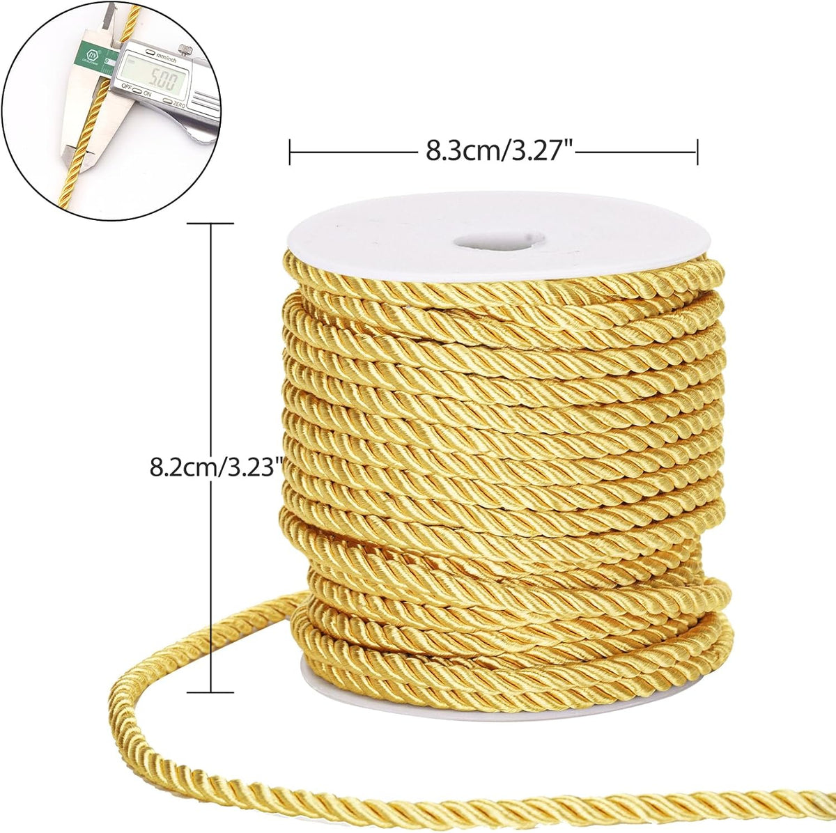 5mm 21 Yards Gold Rope Cord - 3Ply Twisted Decorative Cord for Sewing & Crafting, Shiny Cord Polyester String for Home Decor Curtain Tieback, Upholstery, Graduation Honor Cord