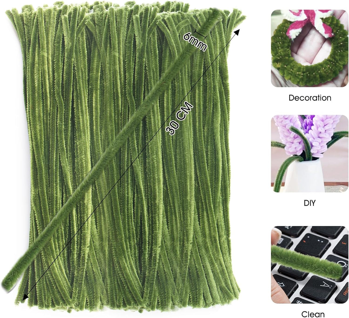 200Pcs Christmas Green Pipe Cleaners - Crafting Pipe Cleaners Chenille Stems, 12 Inch Home Arts Chenille Stems for DIY Crafts, New Year Winter Decor, Holiday Decor