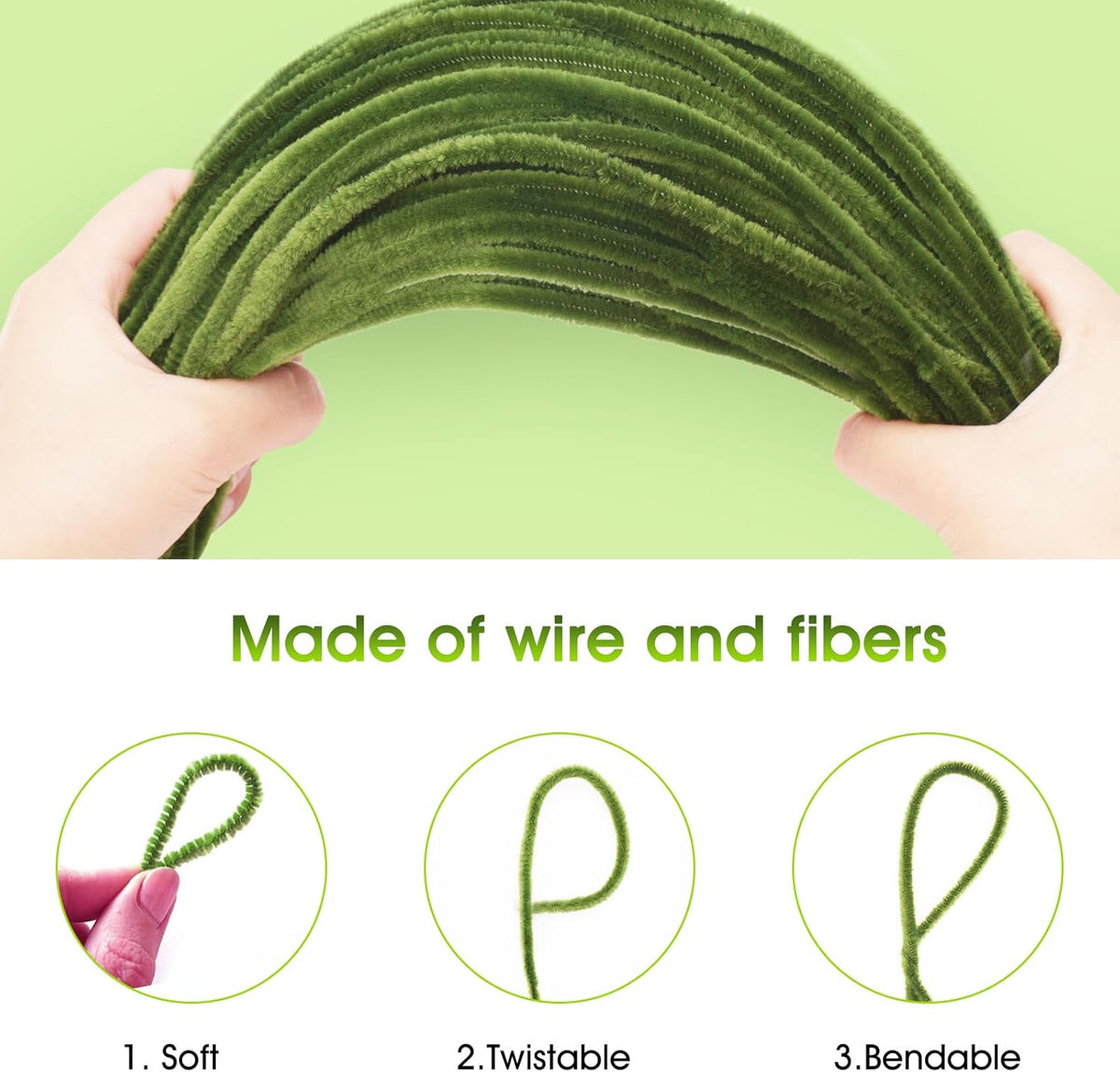 200Pcs Christmas Green Pipe Cleaners - Crafting Pipe Cleaners Chenille Stems, 12 Inch Home Arts Chenille Stems for DIY Crafts, New Year Winter Decor, Holiday Decor