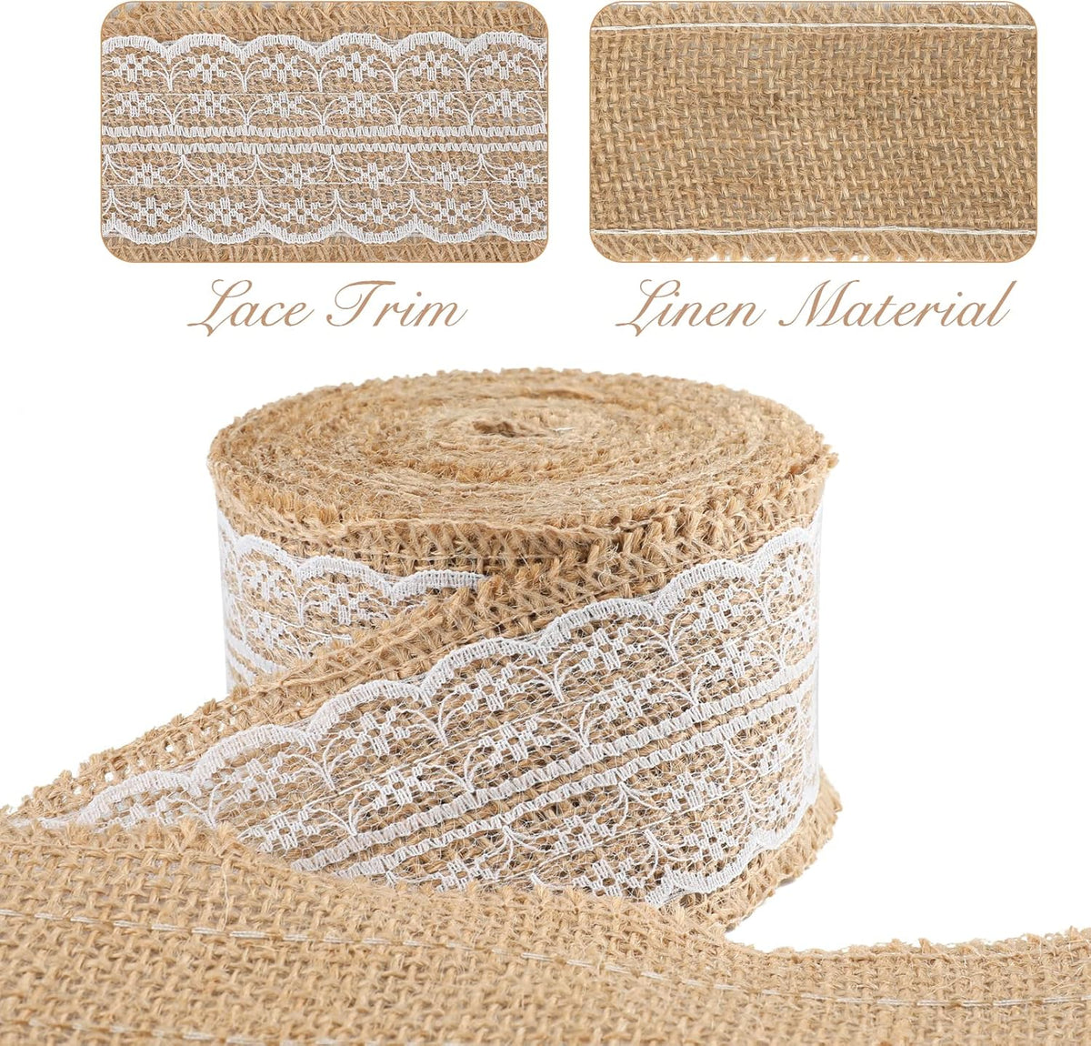 Natural Jute Burlap Ribbon Roll - 2.4Inch x 5.5Yards Rustic White Lace Burlap Ribbon Trim Tape for DIY Crafts, Bottle Decor, Wreath