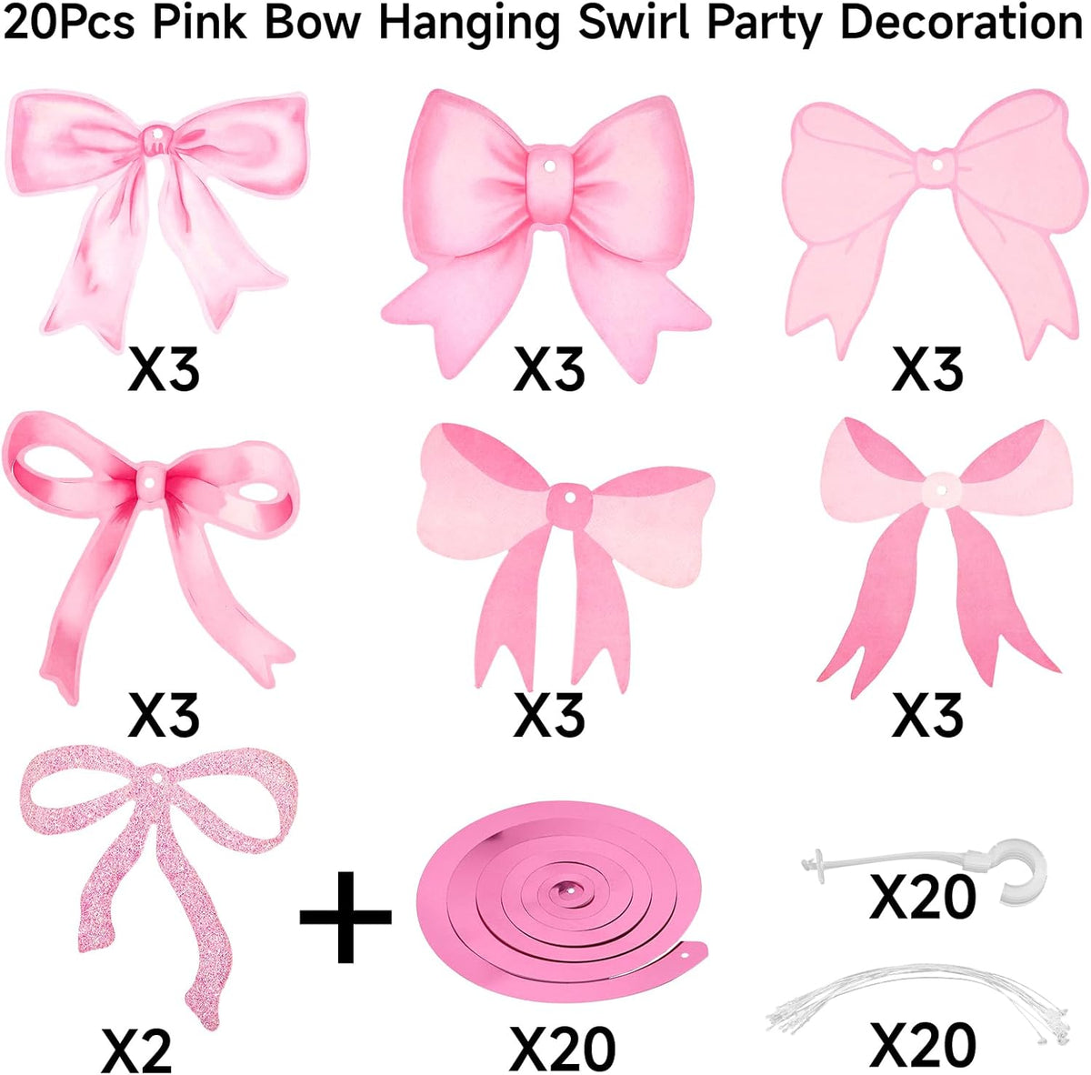 Pink Bow Garland, 20Pcs Bow Birthday Banner, Girl Theme Party Garland Banner, Pink Swirls Decoration for Baby Shower, Bridal Shower, Bachelorette