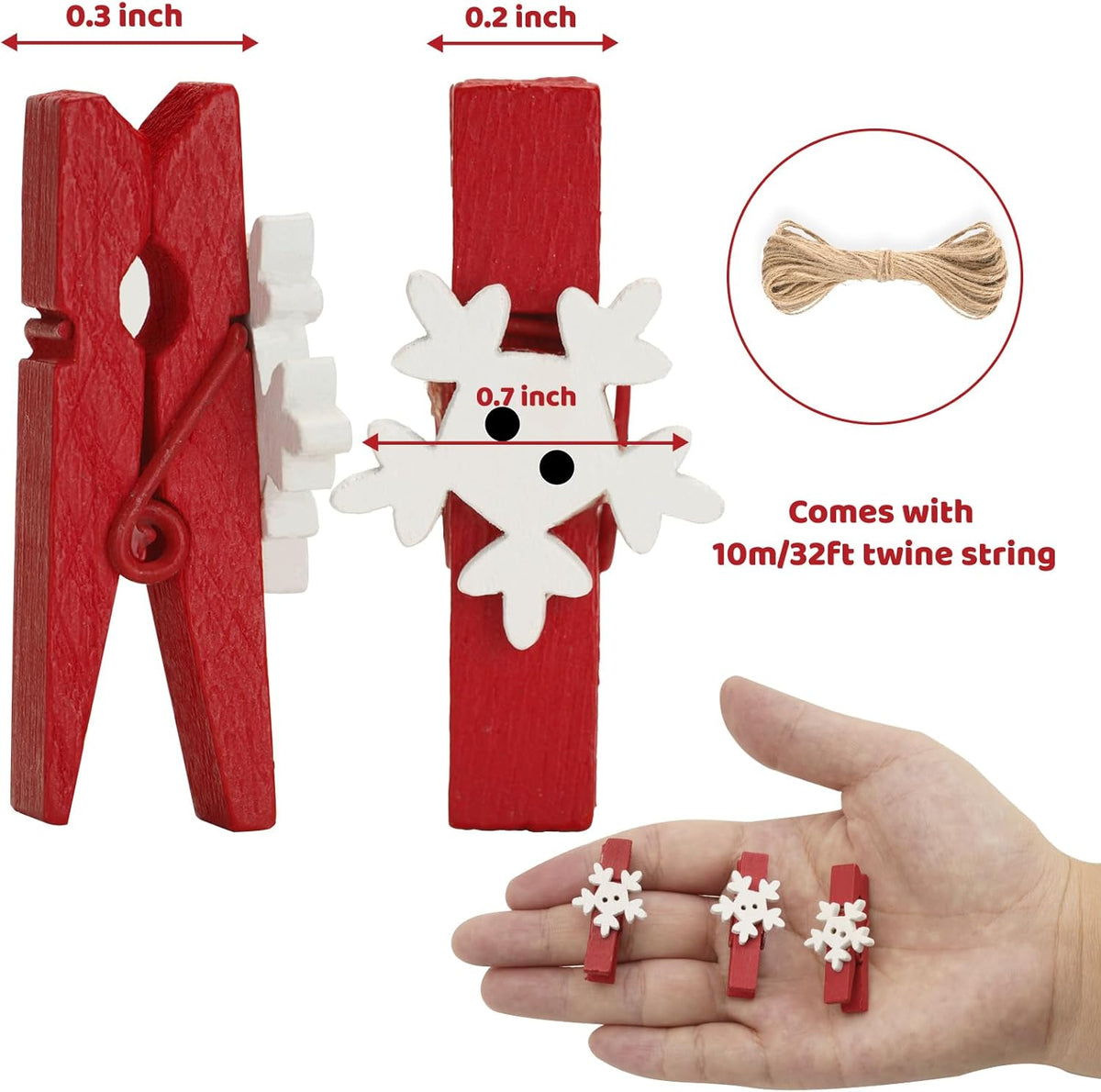 50 Pcs Christmas Clips Red Green Snowflake Christmas Wooden Clothespins with 32 Feet Jute Twine, Mini Wood Clothespins for Hanging Clip Photos Party Favors Home School Art Craft Decor