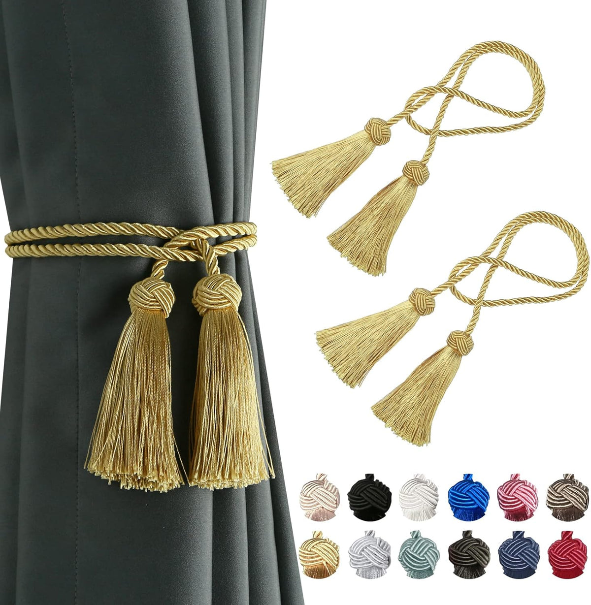 2 Pack Curtain Handmade Tiebacks Decorative Curtain Holdbacks with Tassel (Gold, 2 Pack)