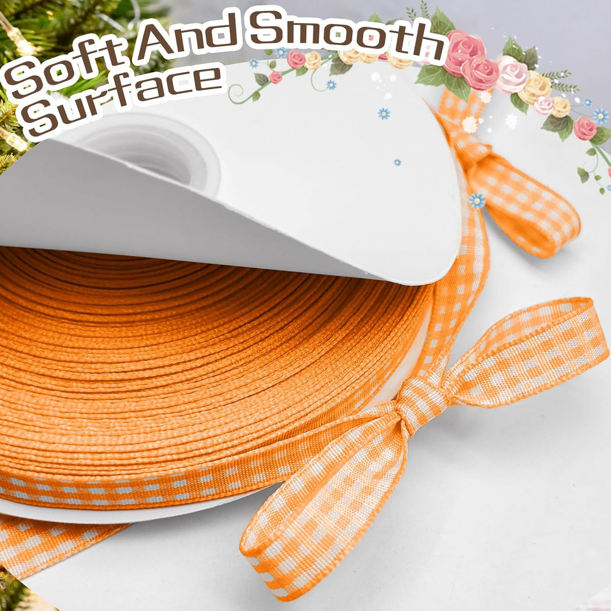 Orange Gingham Ribbon, 3/8" x 50 Yards Orange and White Checkered Buffalo Plaid Ribbon for Gift Wrapping Hair Bows DIY Crafts Home Party Decoration