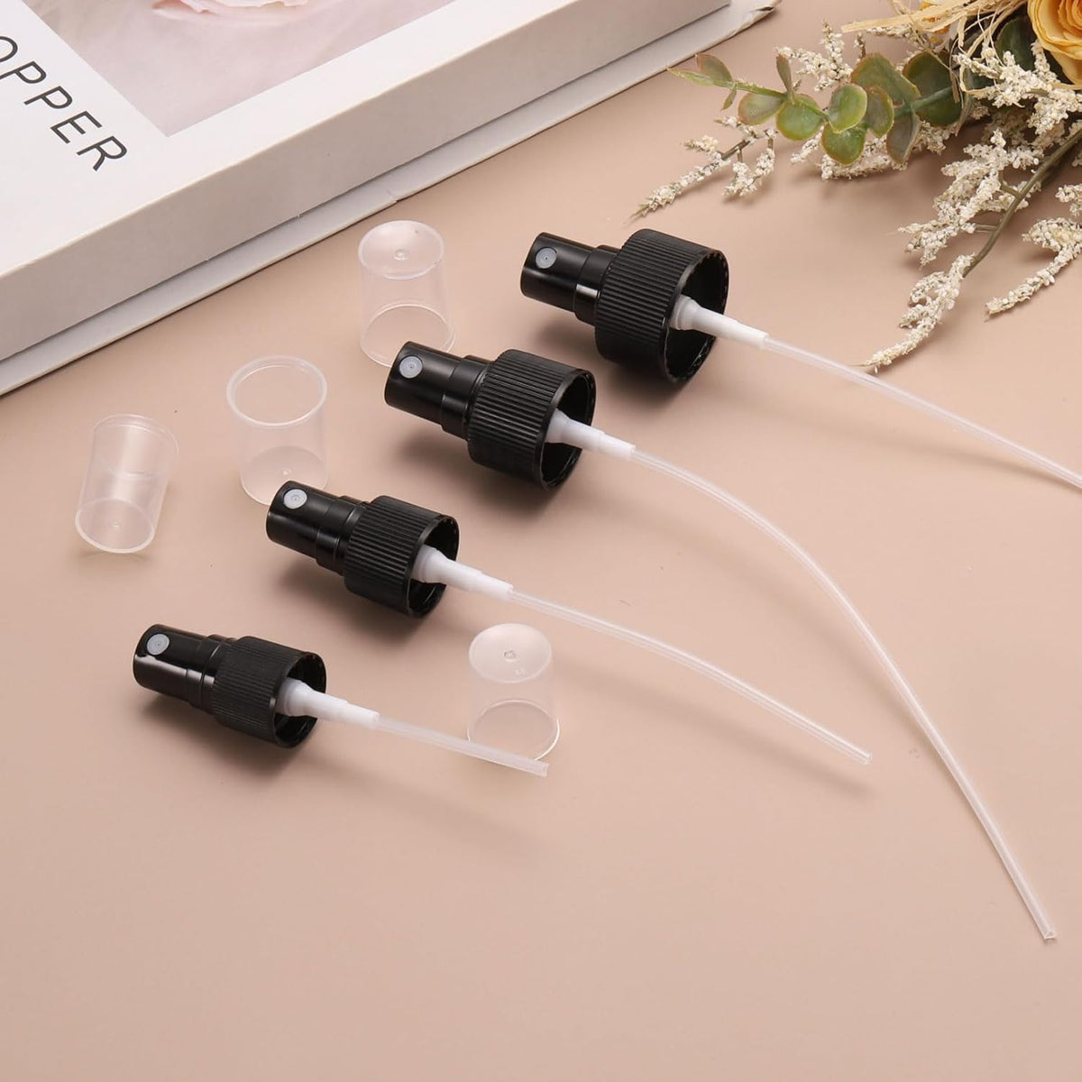 12 Pcs Black Spray Top, 18/410 Fine Mist Sprayer Reusable Replacement Spray Bottle Pump Stripe Plastic Top for Cosmetic Perfume and Body Sprays Bottle