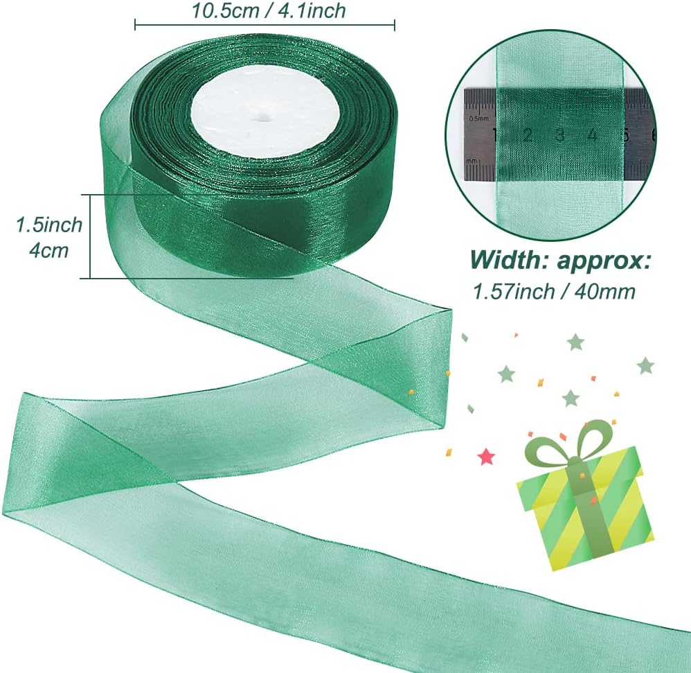 Green Sheer Ribbon, 50 Yards 1-1/2 inch Wide Shimmer Sheer Organza Ribbon for Bow Making, Gift Wrapping, Box Packaging, Crafting, Christmas Decoration and More