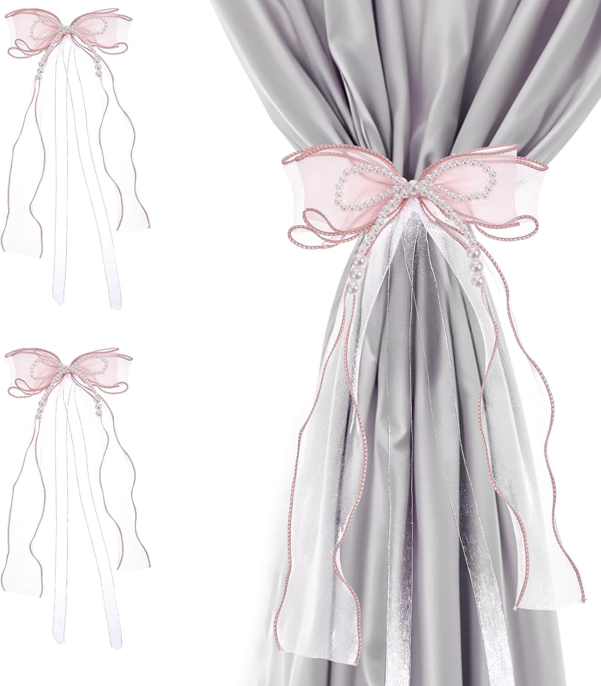 2 PCS Bow Curtain Tiebacks, Elegant Pink Bow Butterfly Curtain Tiebacks with Pearls Sweet Bowknot Holdbacks for Stylish Home Bedroom Offices Dining Rooms Wedding Party Decoration - 31.5 in(80 cm)