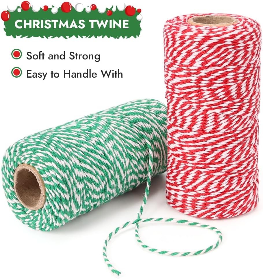 Bakers Twine, 656 Feet 2 Rolls Christmas Twine String Ribbon for Gift Wrapping, Pastry Boxes Tying, Festival Decorations, DIY Crafts (328Feet Each Roll)