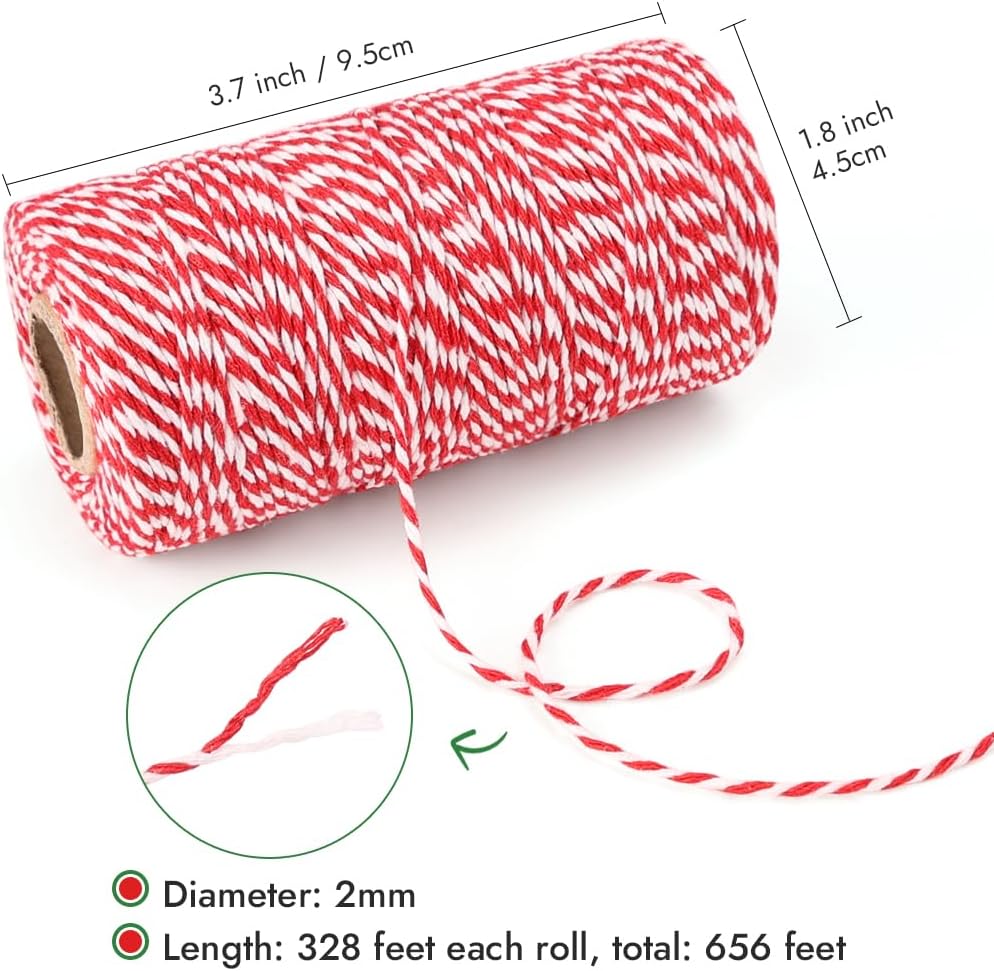 Bakers Twine, 656 Feet 2 Rolls Christmas Twine String Ribbon for Gift Wrapping, Pastry Boxes Tying, Festival Decorations, DIY Crafts (328Feet Each Roll)