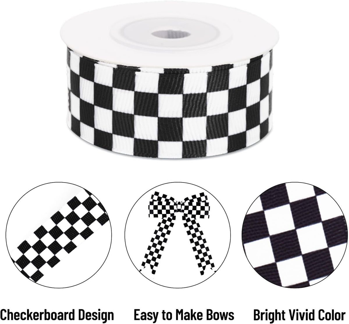 Black and White Checkered Ribbon - Racing Car Theme Black Grosgrain Buffalo Plaid Ribbon for Gift Wrapping, 1 in x 10 Yds White Gingham Ribbons for Crafts, Wreath, and Racing Cakes Decor