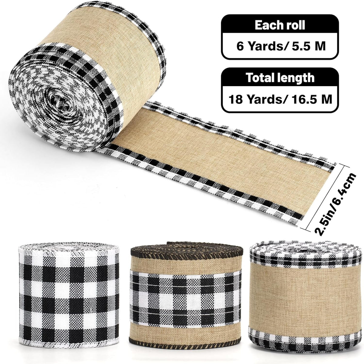 Buffalo Plaid Ribbon Wired – 3 Rolls 2.5'' x 18 Yards, Burlap Black and White Plaid Ribbons for Crafts, Christmas Gift Wrapping, Wreaths and Decoration