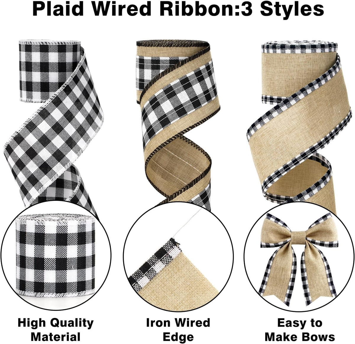 Buffalo Plaid Ribbon Wired – 3 Rolls 2.5'' x 18 Yards, Burlap Black and White Plaid Ribbons for Crafts, Christmas Gift Wrapping, Wreaths and Decoration