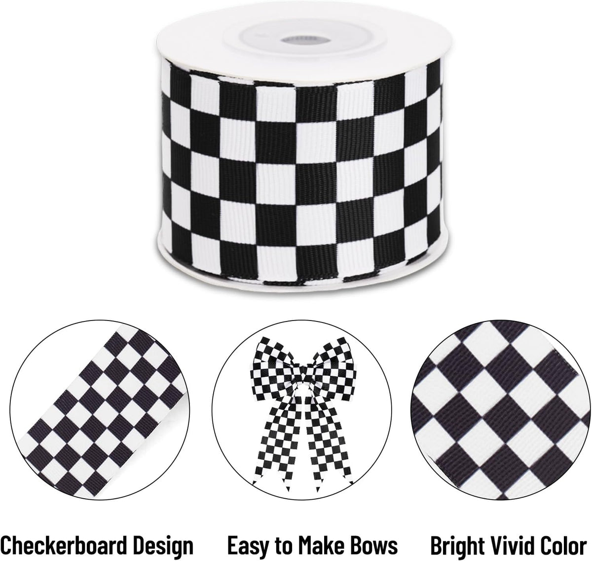 Black and White Checkered Ribbon - Racing Car Theme Black Grosgrain Buffalo Plaid Ribbon for Gift Wrapping, 1.5 in x 10 Yds White Gingham Ribbons for Crafts, Wreath, and Racing Cakes Decor