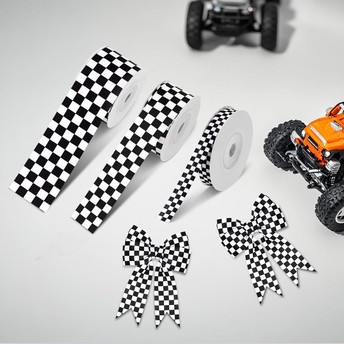 Black and White Checkered Ribbon - Racing Car Theme Black Grosgrain Buffalo Plaid Ribbon for Gift Wrapping, 1.5 in x 10 Yds White Gingham Ribbons for Crafts, Wreath, and Racing Cakes Decor