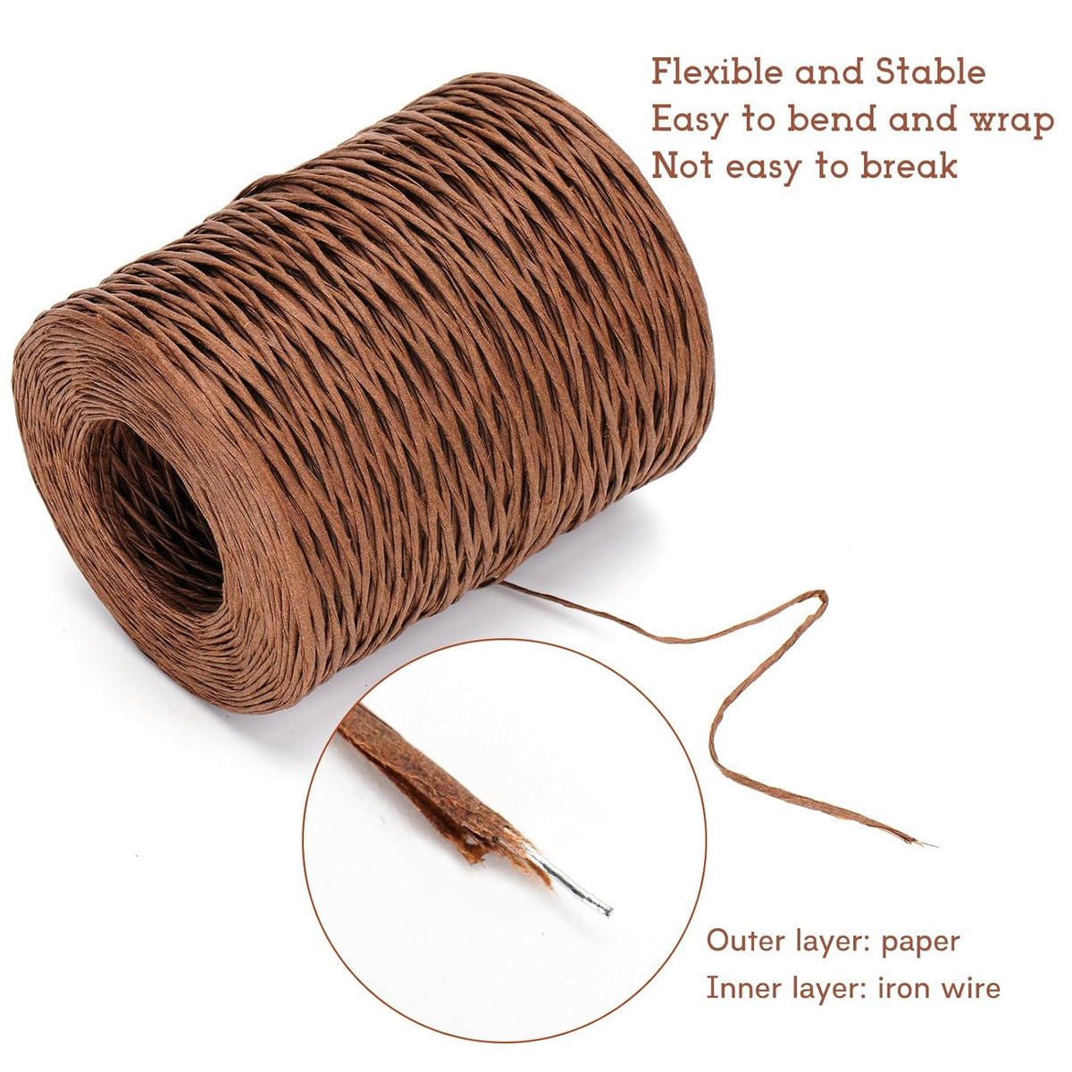 Floral Wire - 656 Feet Rustic Wrapping Wire, Paper Covered, 2mm Brown, Ideal for Crafts, Flower Bouquets, Wedding & Christmas Wreaths